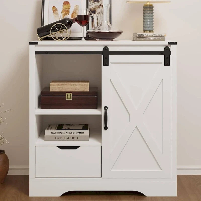 Farmhouse Sliding Barn Door Storage Cabinet, Rustic Wooden Sideboard with Open Shelves for Kitchen, Dining Room