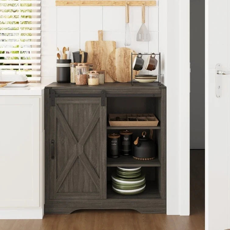 Farmhouse Sliding Barn Door Storage Cabinet, Rustic Wooden Sideboard with Open Shelves for Kitchen, Dining Room
