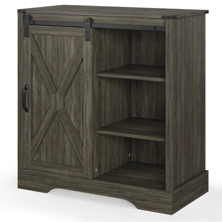 Farmhouse Sliding Barn Door Storage Cabinet, Rustic Wooden Sideboard with Open Shelves for Kitchen, Dining Room
