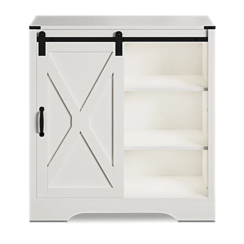Farmhouse Sliding Barn Door Storage Cabinet, Rustic Wooden Sideboard with Open Shelves for Kitchen, Dining Room