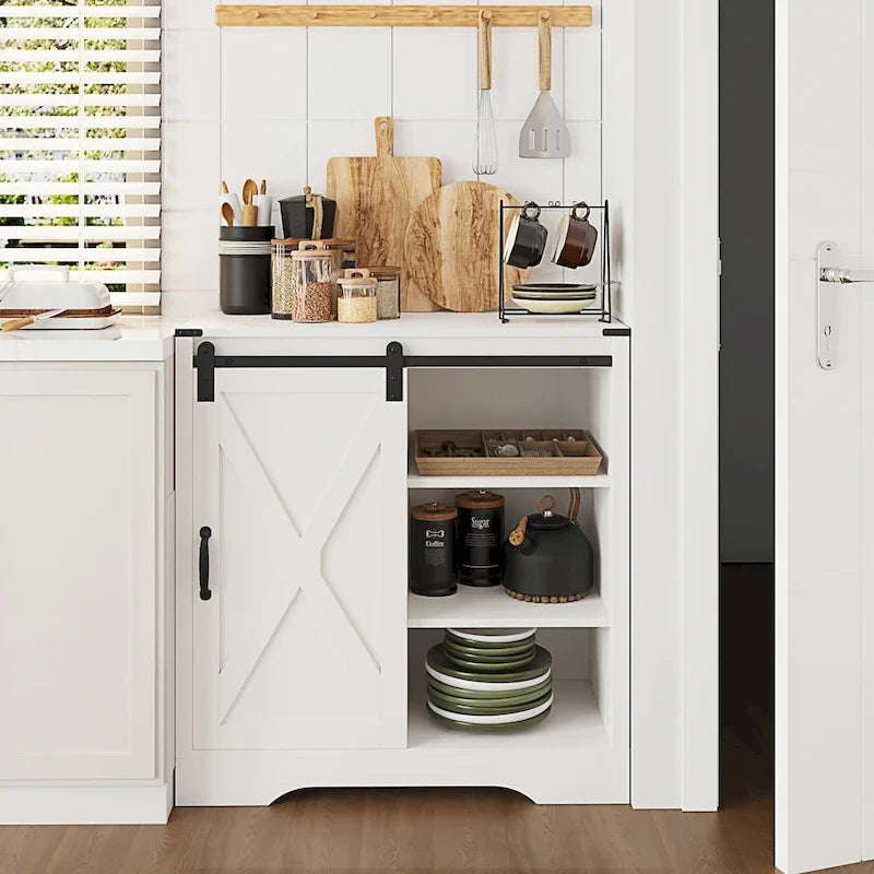 Farmhouse Sliding Barn Door Storage Cabinet, Rustic Wooden Sideboard with Open Shelves for Kitchen, Dining Room