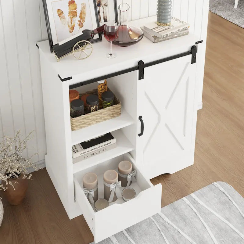 Farmhouse Sliding Barn Door Storage Cabinet, Rustic Wooden Sideboard with Open Shelves for Kitchen, Dining Room