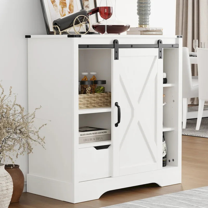 Farmhouse Sliding Barn Door Storage Cabinet, Rustic Wooden Sideboard with Open Shelves for Kitchen, Dining Room