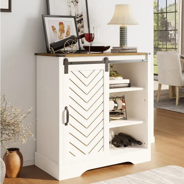 Farmhouse Sliding Barn Door Storage Cabinet, Rustic Wooden Sideboard with Open Shelves for Kitchen, Dining Room