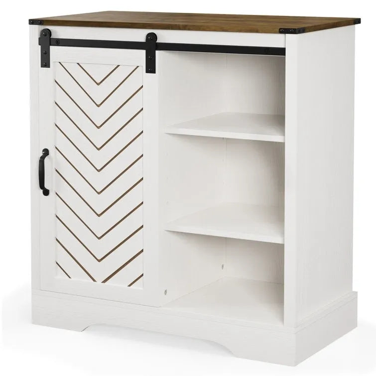 Farmhouse Sliding Barn Door Storage Cabinet, Rustic Wooden Sideboard with Open Shelves for Kitchen, Dining Room