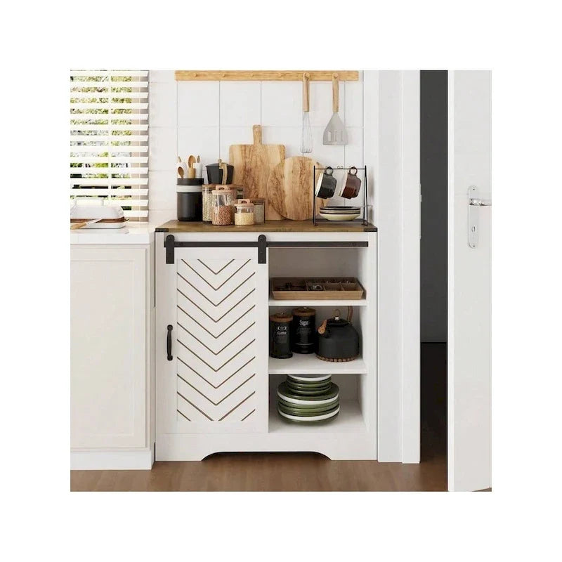 Farmhouse Sliding Barn Door Storage Cabinet, Rustic Wooden Sideboard with Open Shelves for Kitchen, Dining Room