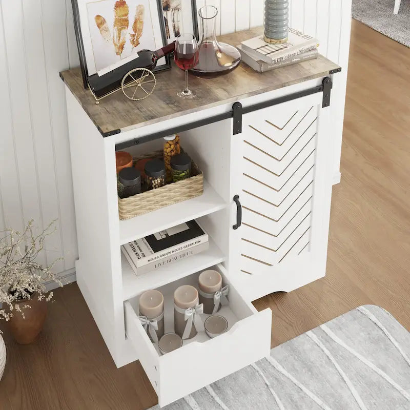 Farmhouse Sliding Barn Door Storage Cabinet, Rustic Wooden Sideboard with Open Shelves for Kitchen, Dining Room