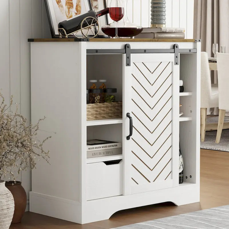 Farmhouse Sliding Barn Door Storage Cabinet, Rustic Wooden Sideboard with Open Shelves for Kitchen, Dining Room
