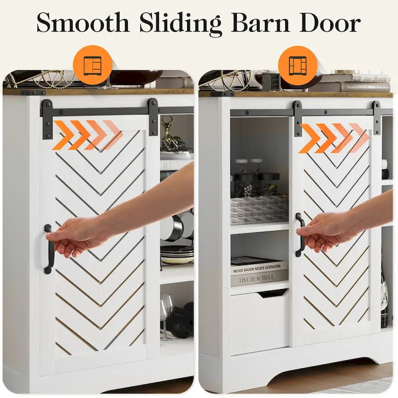 Farmhouse Sliding Barn Door Storage Cabinet, Rustic Wooden Sideboard with Open Shelves for Kitchen, Dining Room