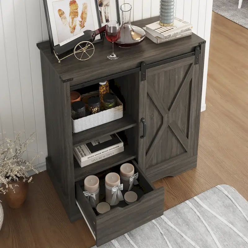 Farmhouse Sliding Barn Door Storage Cabinet, Rustic Wooden Sideboard with Open Shelves for Kitchen, Dining Room