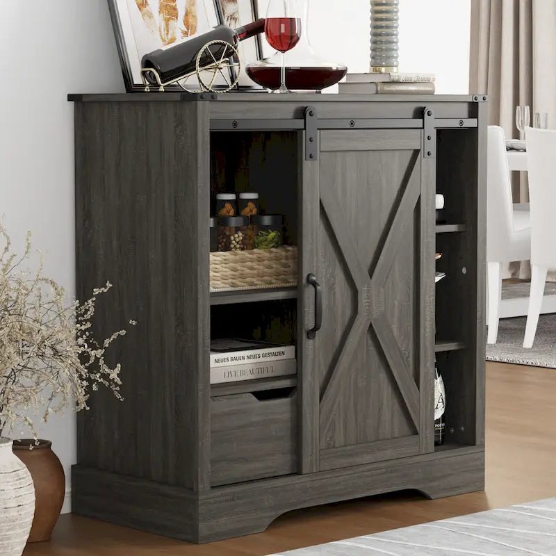 Farmhouse Sliding Barn Door Storage Cabinet, Rustic Wooden Sideboard with Open Shelves for Kitchen, Dining Room