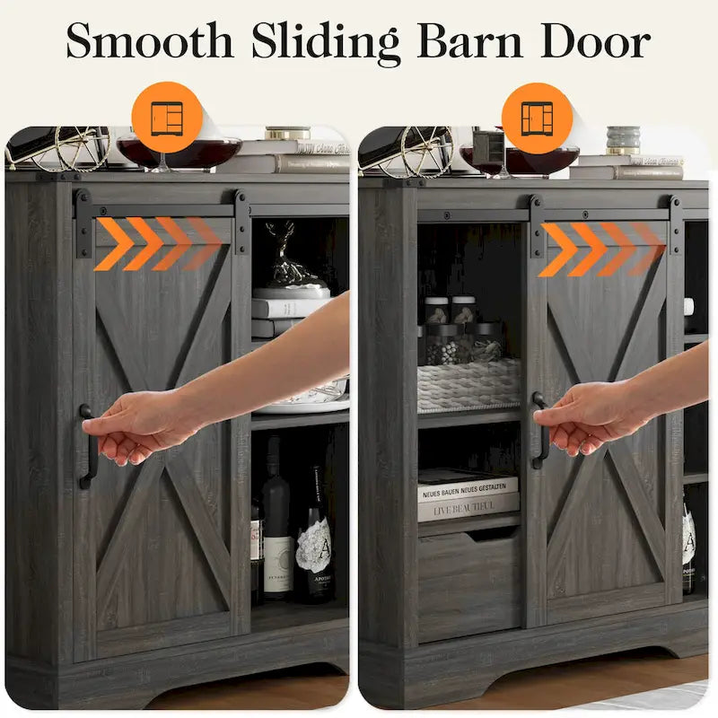 Farmhouse Sliding Barn Door Storage Cabinet, Rustic Wooden Sideboard with Open Shelves for Kitchen, Dining Room