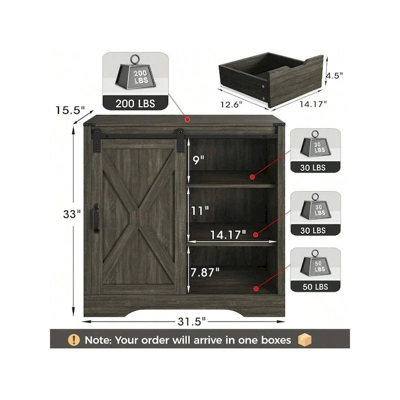 Farmhouse Sliding Barn Door Storage Cabinet, Rustic Wooden Sideboard with Open Shelves for Kitchen, Dining Room