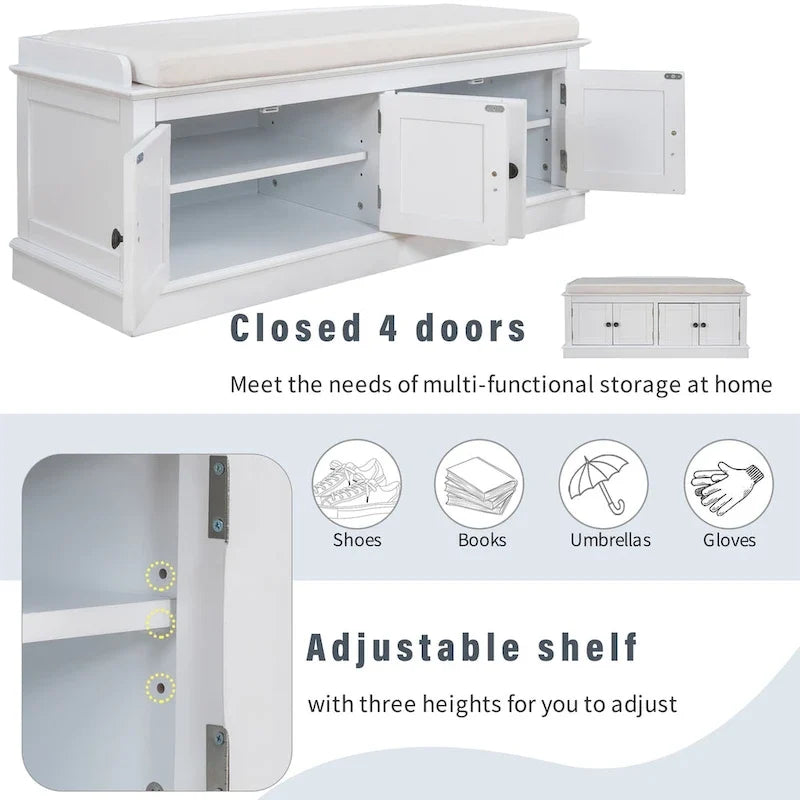 Storage Bench with 4 Doors and Adjustable Shelves, Shoe Bench with Removable Cushion for Living Room, Entryway