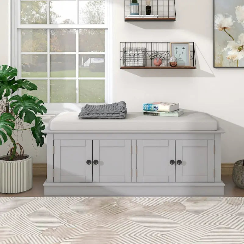 Storage Bench with 4 Doors and Adjustable Shelves, Shoe Bench with Removable Cushion for Living Room, Entryway
