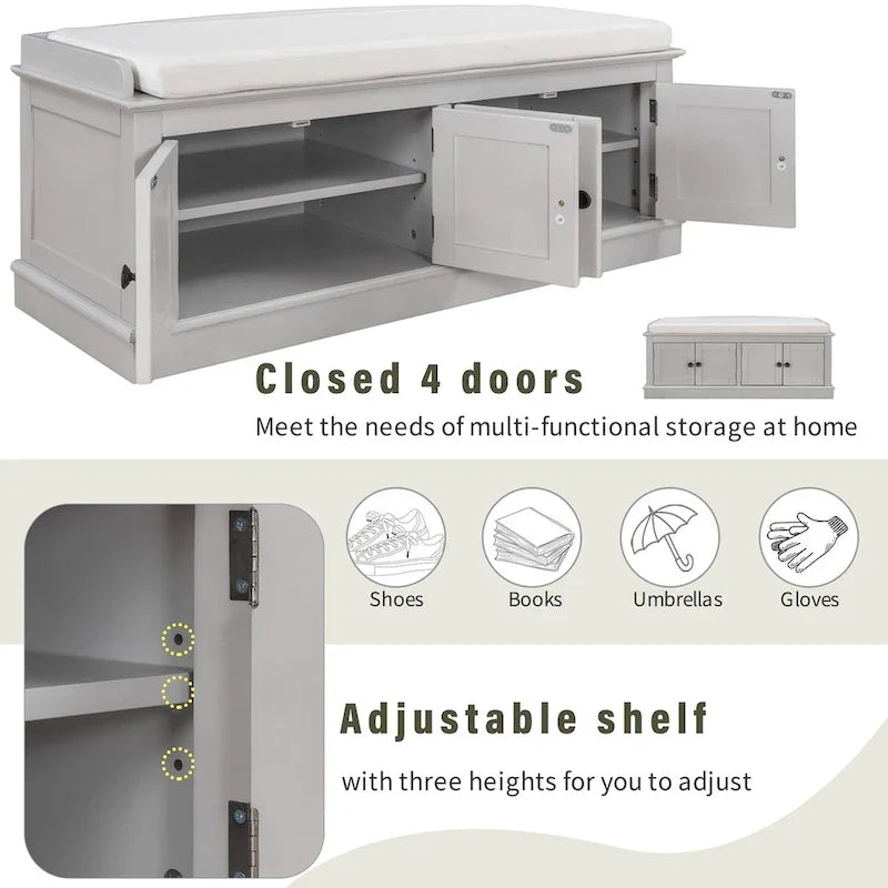 Storage Bench with 4 Doors and Adjustable Shelves, Shoe Bench with Removable Cushion for Living Room, Entryway