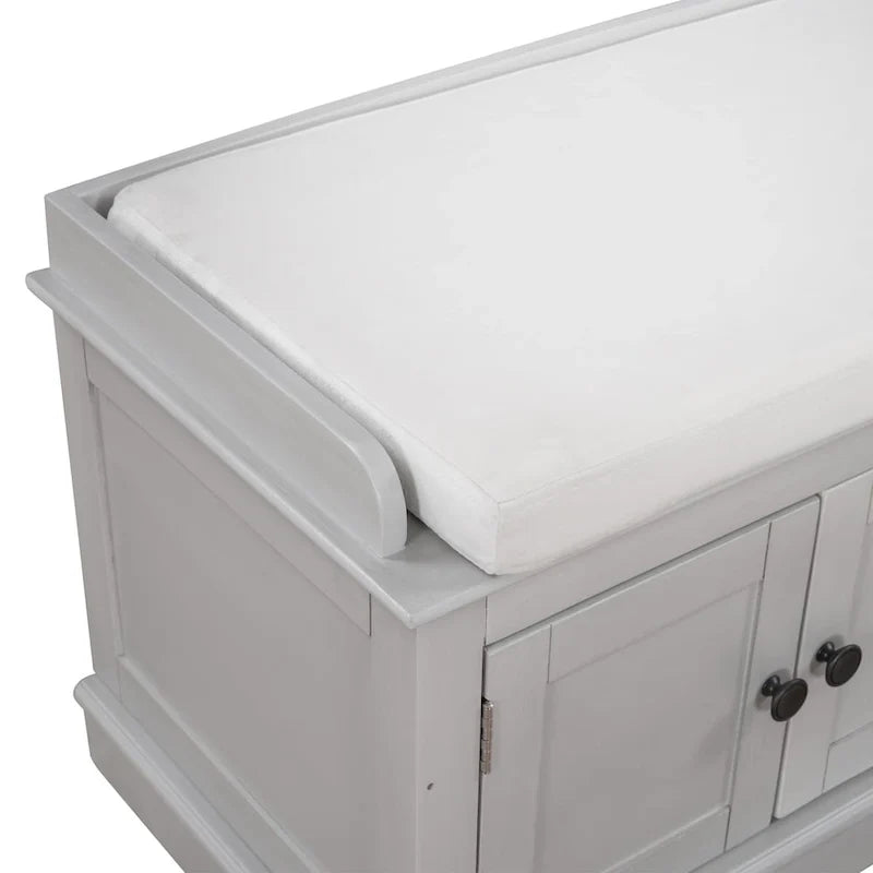 Storage Bench with 4 Doors and Adjustable Shelves, Shoe Bench with Removable Cushion for Living Room, Entryway