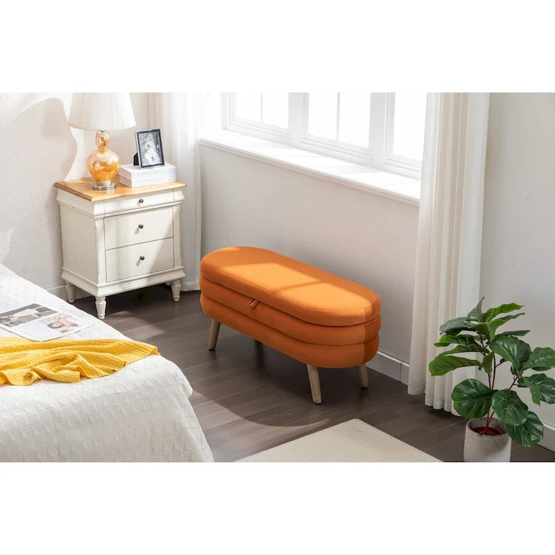 Banco de almacenamiento de tela de terciopelo con patas de madera para sala de estar y dormitorio