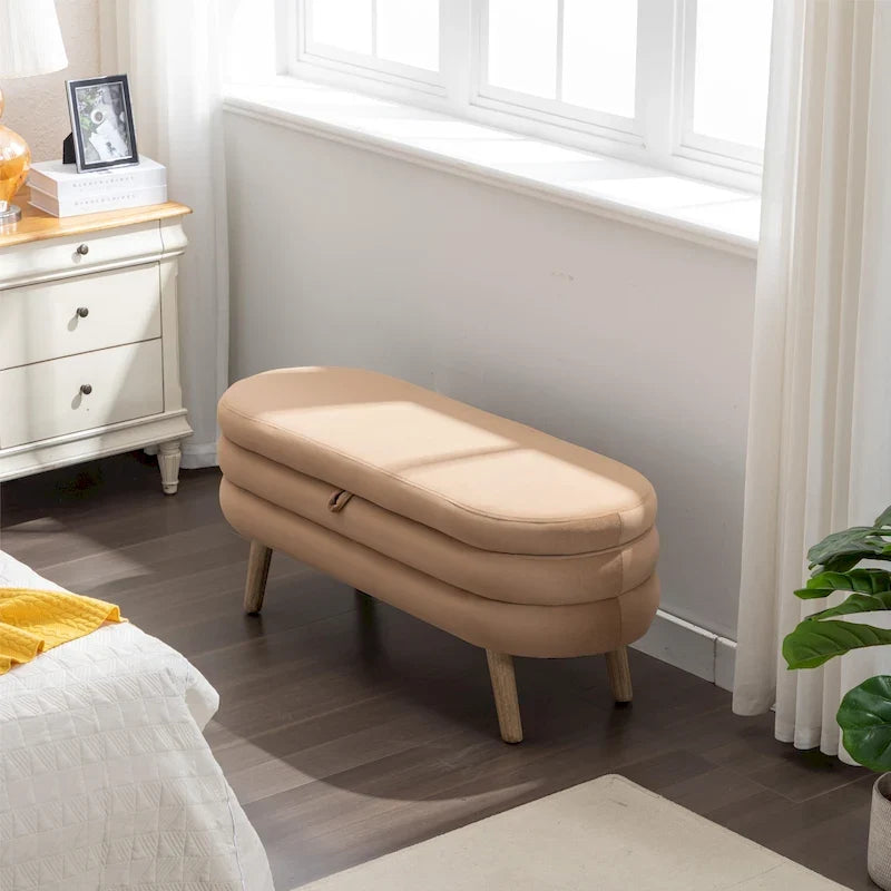 Velvet Fabric Storage Bench With Wood Legs For Living Room Bedroom