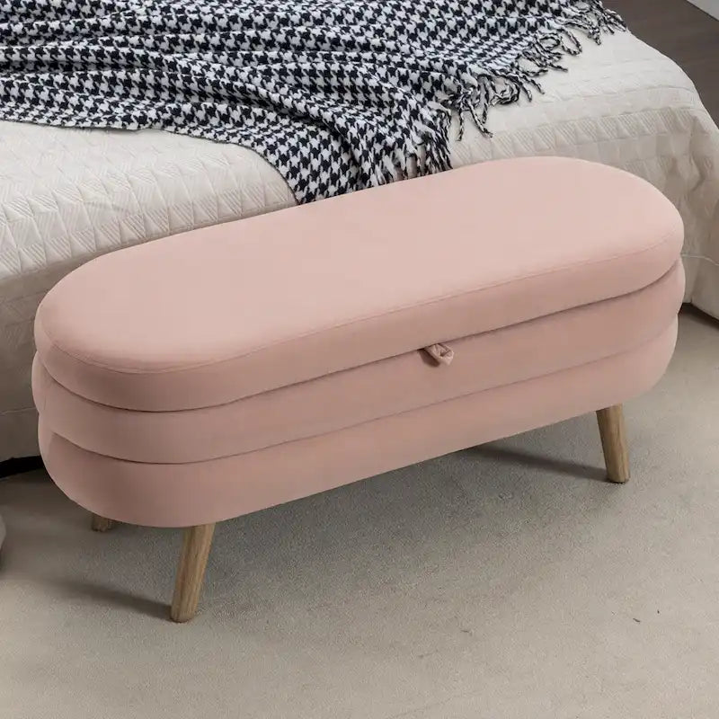 Banco de almacenamiento de tela de terciopelo con patas de madera para sala de estar y dormitorio