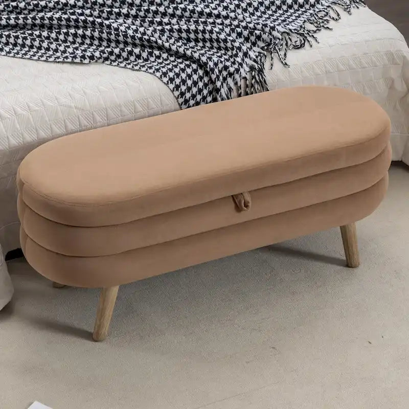 Banco de almacenamiento de tela de terciopelo con patas de madera para sala de estar y dormitorio