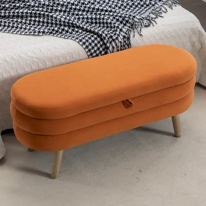 Banco de almacenamiento de tela de terciopelo con patas de madera para sala de estar y dormitorio
