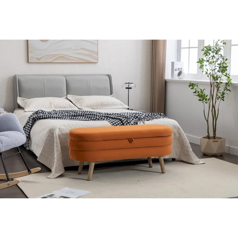 Banco de almacenamiento de tela de terciopelo con patas de madera para sala de estar y dormitorio