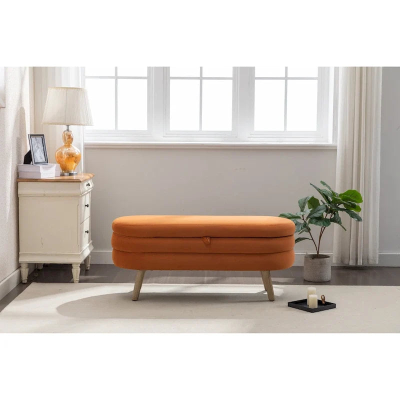 Banco de almacenamiento de tela de terciopelo con patas de madera para sala de estar y dormitorio