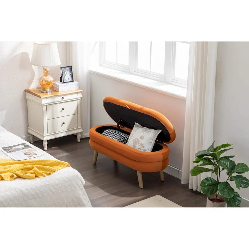 Banco de almacenamiento de tela de terciopelo con patas de madera para sala de estar y dormitorio