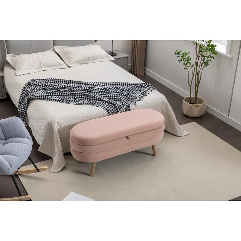 Banco de almacenamiento de tela de terciopelo con patas de madera para sala de estar y dormitorio