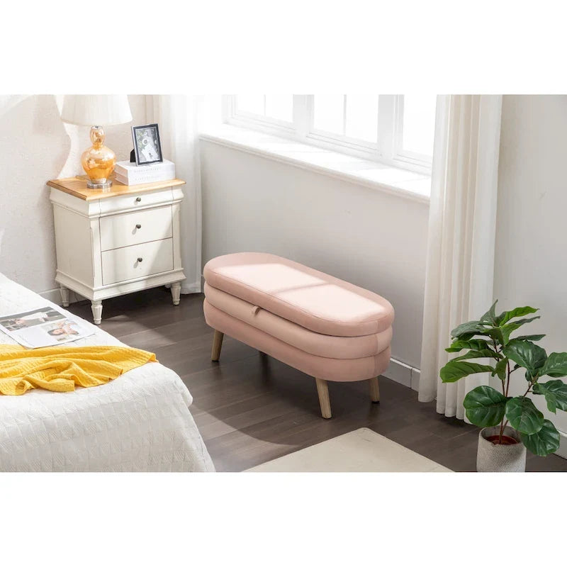 Banco de almacenamiento de tela de terciopelo con patas de madera para sala de estar y dormitorio