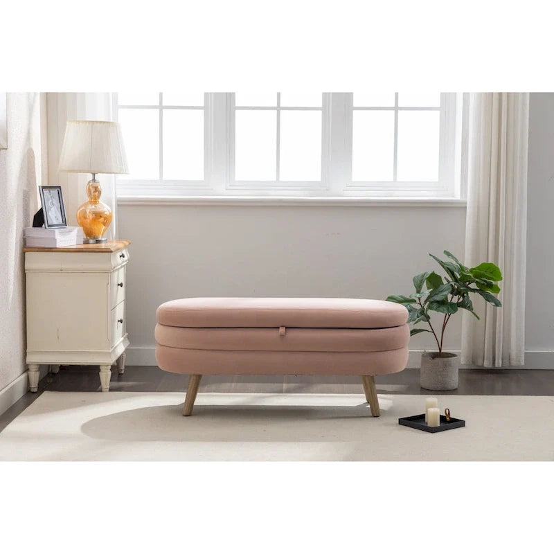 Banco de almacenamiento de tela de terciopelo con patas de madera para sala de estar y dormitorio