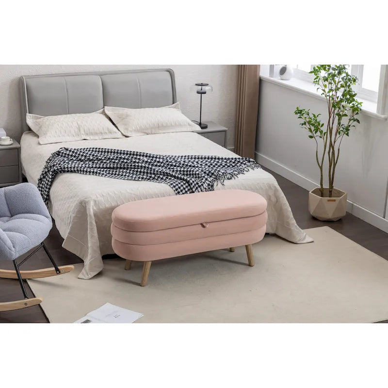 Banco de almacenamiento de tela de terciopelo con patas de madera para sala de estar y dormitorio