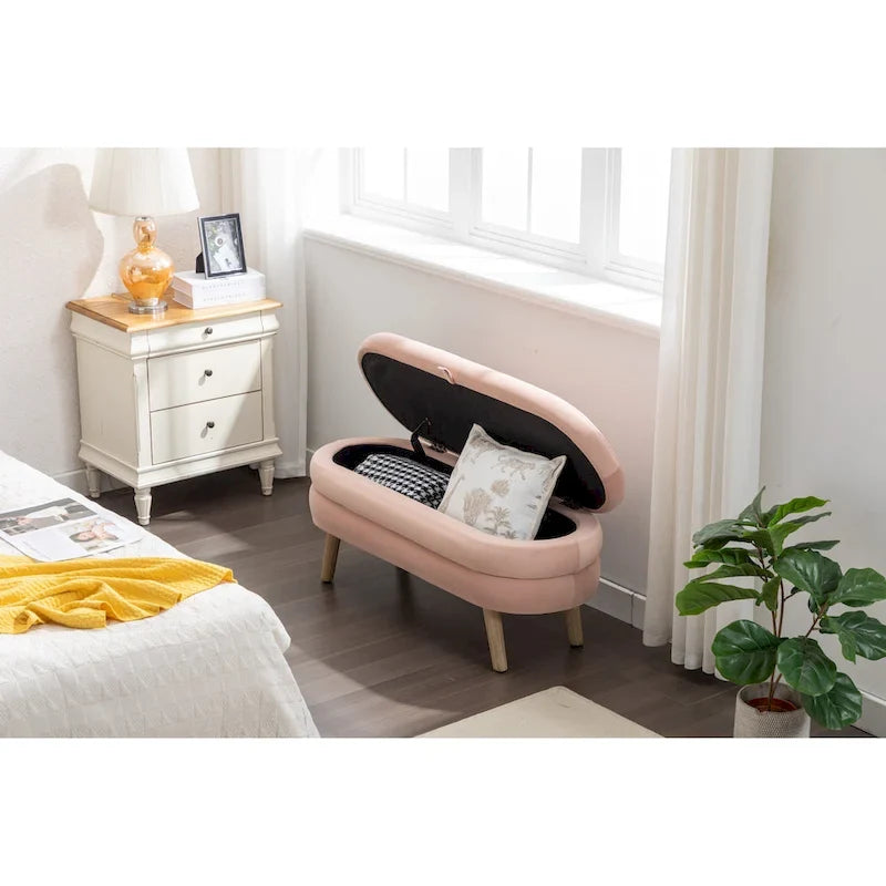 Banco de almacenamiento de tela de terciopelo con patas de madera para sala de estar y dormitorio