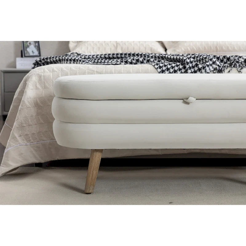 Banco de almacenamiento de tela de terciopelo con patas de madera para sala de estar y dormitorio