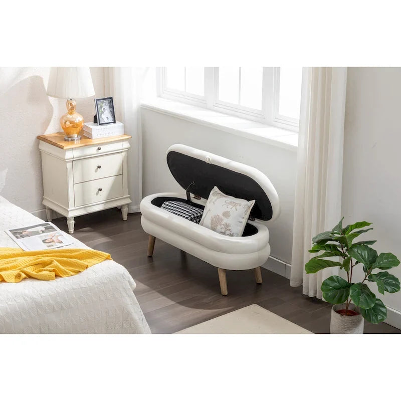 Banco de almacenamiento de tela de terciopelo con patas de madera para sala de estar y dormitorio