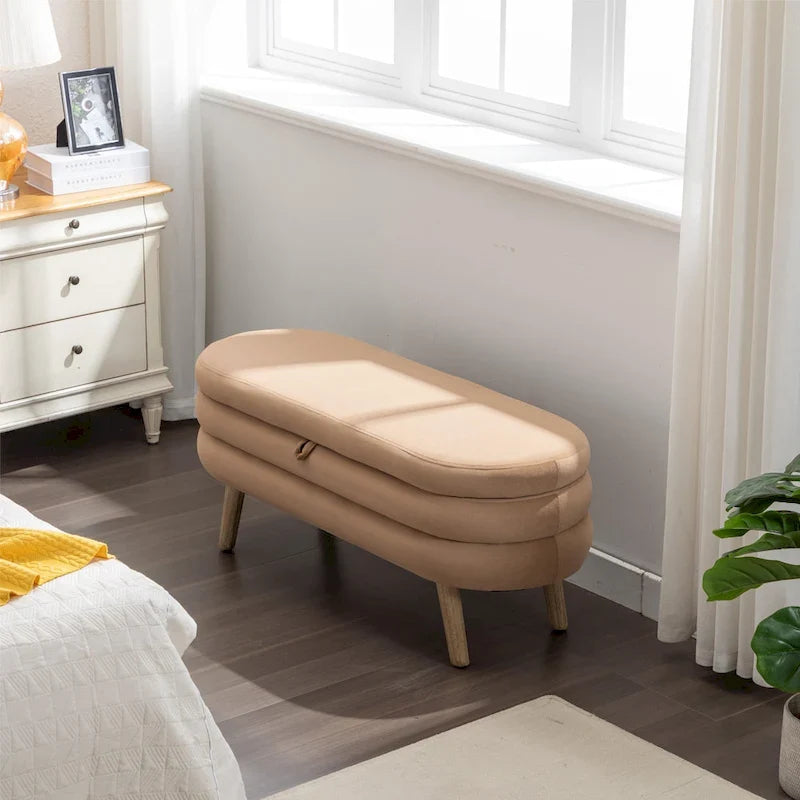 Banco de almacenamiento de tela de terciopelo con patas de madera para sala de estar y dormitorio