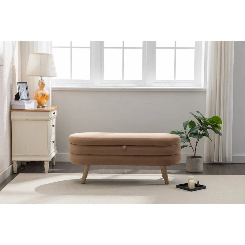 Banco de almacenamiento de tela de terciopelo con patas de madera para sala de estar y dormitorio