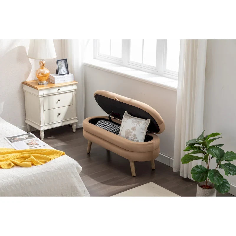 Banco de almacenamiento de tela de terciopelo con patas de madera para sala de estar y dormitorio
