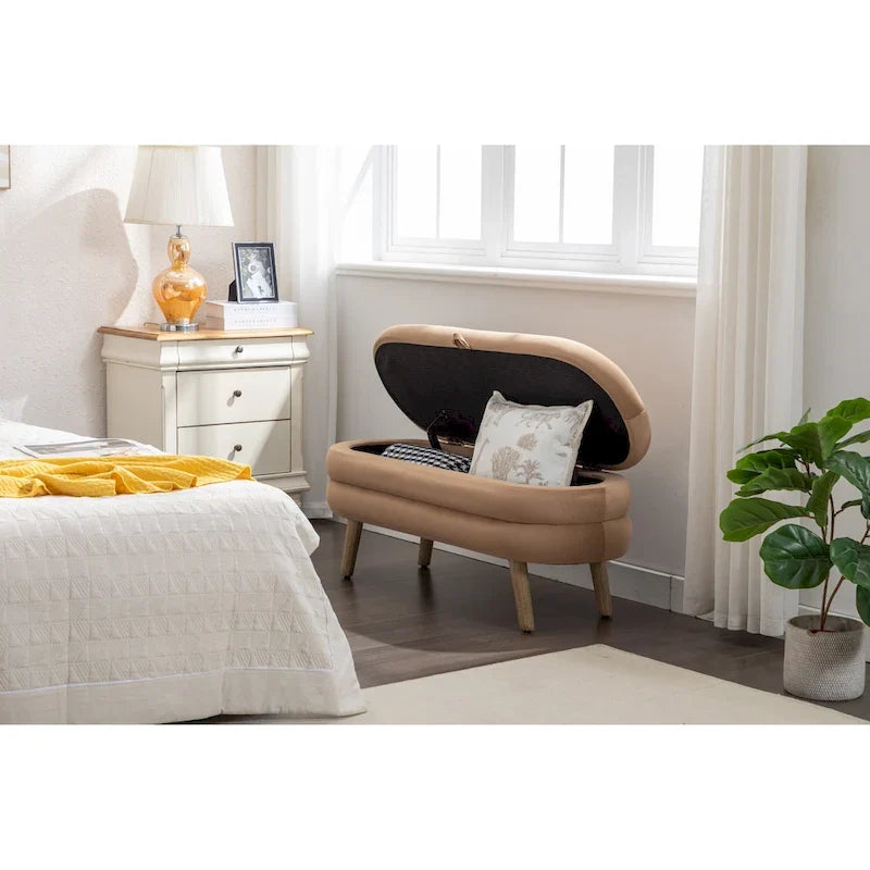Banco de almacenamiento de tela de terciopelo con patas de madera para sala de estar y dormitorio