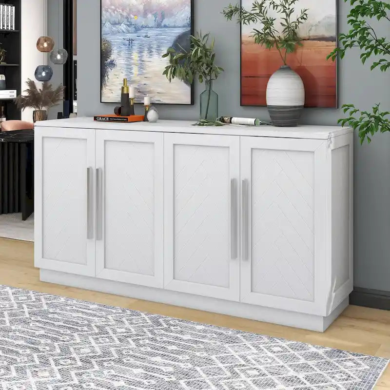 Sideboard with 4 Doors Large Storage Space Buffet Cabinet with Adjustable Shelves and Silver Handles for Kitchen