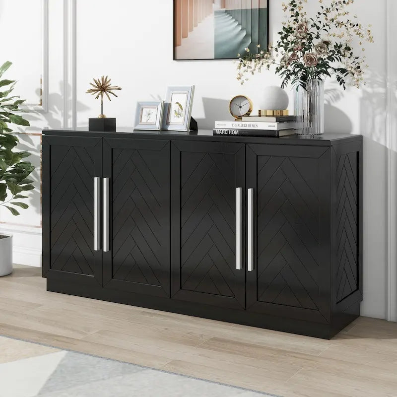 Sideboard with 4 Doors Large Storage Space Buffet Cabinet with Adjustable Shelves and Silver Handles for Kitchen