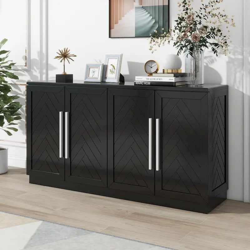 Sideboard with 4 Doors Large Storage Space Buffet Cabinet with Adjustable Shelves and Silver Handles for Kitchen