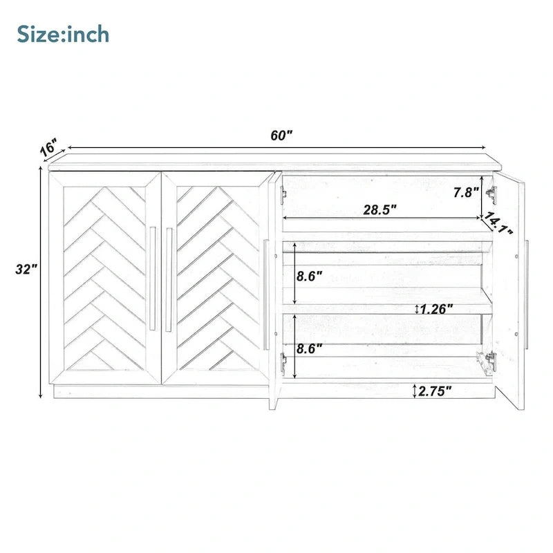 Sideboard with 4 Doors Large Storage Space Buffet Cabinet with Adjustable Shelves and Silver Handles for Kitchen