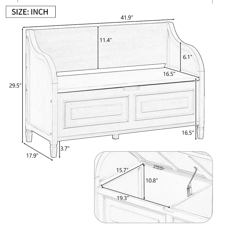 Banc de rangement rustique à dossier haut, avec un vaste espace de rangement dissimulé