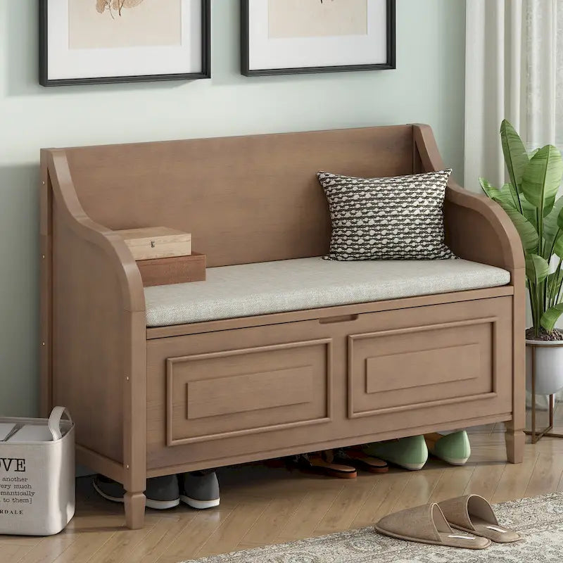 Banc de rangement rustique à dossier haut, avec un vaste espace de rangement dissimulé