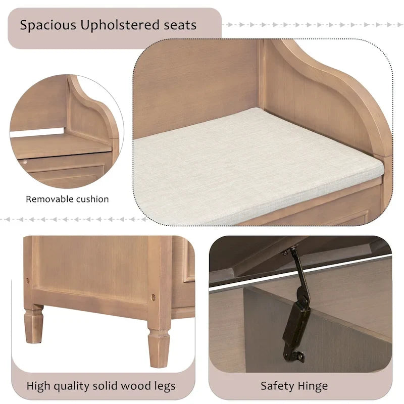 Banc de rangement rustique à dossier haut, avec un vaste espace de rangement dissimulé