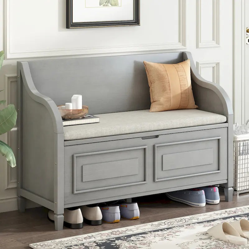 Banc de rangement rustique à dossier haut, avec un vaste espace de rangement dissimulé
