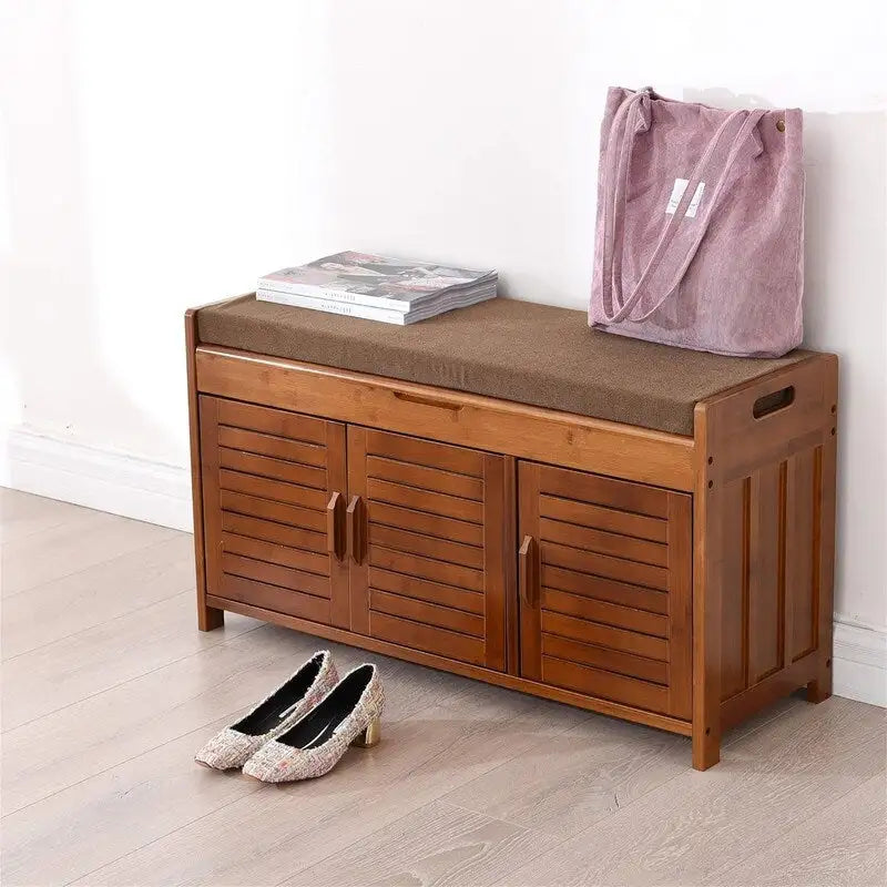 Bamboo Shoe Storage Bench with Cushion, 3 Louvered Doors Shoe Cabinet Bench for Entryway Hallway