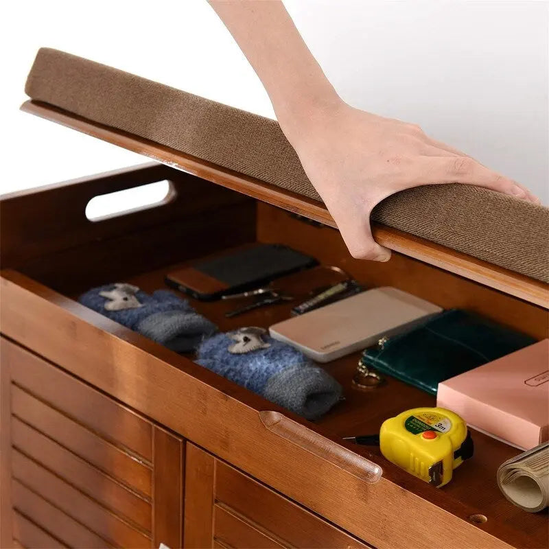 Bamboo Shoe Storage Bench with Cushion, 3 Louvered Doors Shoe Cabinet Bench for Entryway Hallway